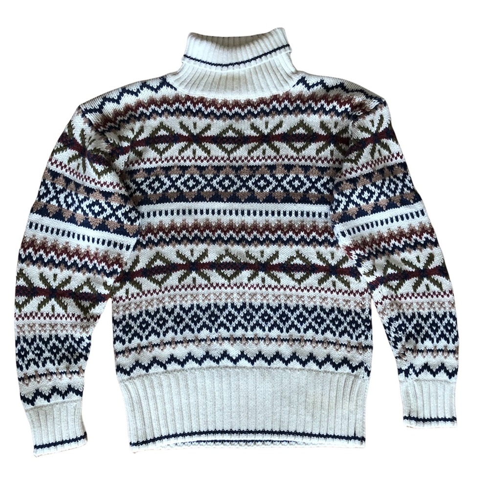 Vintage Ivory Fair Isle Turtleneck Sweater Blue Green Red Small Natural Fiber